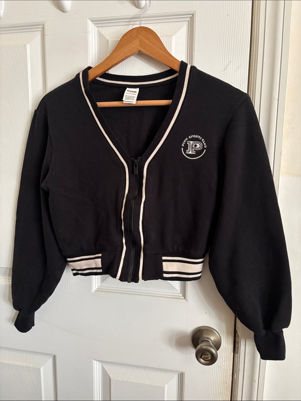 PINK Victoria's Secret Black Cropped Varsity Jacket with White Trim